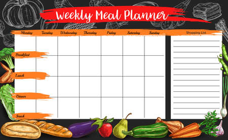 Weekly meal planner, vector timetable, week food plan organizer with sketch farm and meat products with bakery. Calendar menu with shopping list. Meal diary template for dieting with engraved veggiesのイラスト素材
