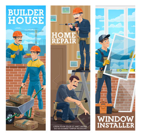 House builder, home repair maser, window installer banners. Builders working on site, handyman laying laminate flooring, installing window. Construction and house renovation workers characters vectorのイラスト素材