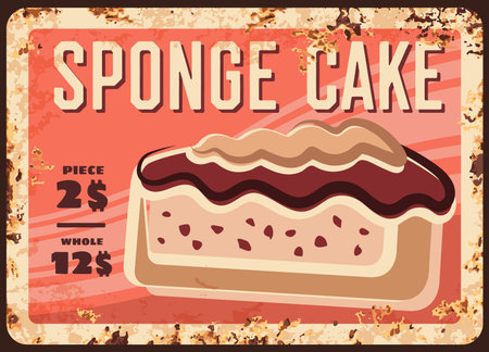 Sponge cake dessert rusty metal vector plate. Sweet cake or pie with creamy filling and chocolate...