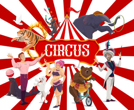 Circus poster, funfair carnival show performers, vector big top tent and magic festival. Circus animals, elephant and juggling monkey, illusionist magician and bear on bicycle, strongman and acrobatsのイラスト素材
