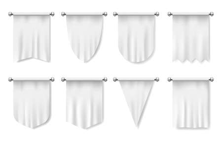 Flags, white textile banners, blank vector mockup. Realistic template of waving fabric vertical flags, cloth or canvas for advertising. Hanging promo triangle, square, oval folded promo ribbons setのイラスト素材