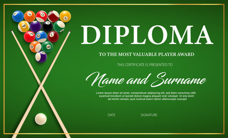 Diploma for the winner of billiard tournament, certificate vector template with cue and balls on...