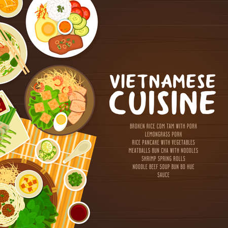 Vietnamese cuisine restaurant vector poster. broken rice Com Tam with pork, noodle beef soup Bun bo Hue, meatballs Bun Cha with noodles, shrimp spring rolls, lemongrass porkのイラスト素材