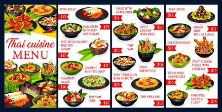 Thai cuisine vector menu meals template. Spring rolls, thai salad with beef and seasame, rice with coconut milk and shrimp, coconut milk fish soup, calamari salad, tom yam kung. Asian food dishesのイラスト素材
