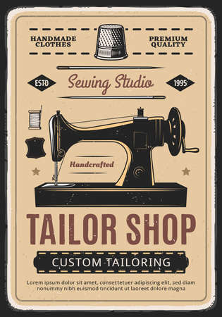 Tailor shop, sewing studio retro vector poster with machine and spool of thread. Handmade clothes, dressmaking atelier, custom tailoring service ad, fashion dress or dressmaker salon vintage cardのイラスト素材