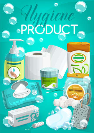 Personal hygiene products and toiletries banner. Liquid soap or hand sanitizer, wipe napkins, tampon and toilet paper, cotton swabs and balls, shampoo or body lotion, soap and pumice stone vectorのイラスト素材