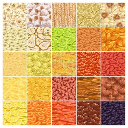 Dried fruits textures vector set. Kumquat, pear and prune, raisin, apricot and mango, banana, fig and persimmon, lemon and papaya, kiwi, dates and apple, pineapple, rosehip and melon, candied gingerのイラスト素材