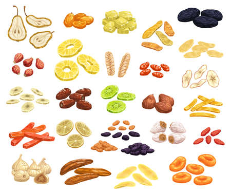 Dried fruits and candied berries isolated vector icons. Apricot, raisins, prunes or dates or figs, banana, pineapple or kiwi with lemon. Sun dry sweet snack, sugared vegetarian natural healthy dessertのイラスト素材