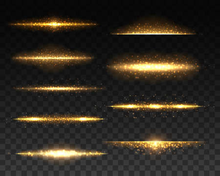 Gold glowing lines with light effects realistic vector design. 3d golden sparks, flares and sparkling glitters, shining lines with bright flashes and yellow particles on transparent backgroundのイラスト素材