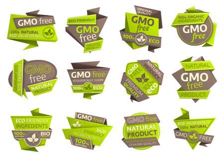 GMO free vector icons with origami paper symbols of organic vegan food, eco green and natural healthy products. Ecology ingredient isolated emblems design with fresh leaves and plant foliagesのイラスト素材