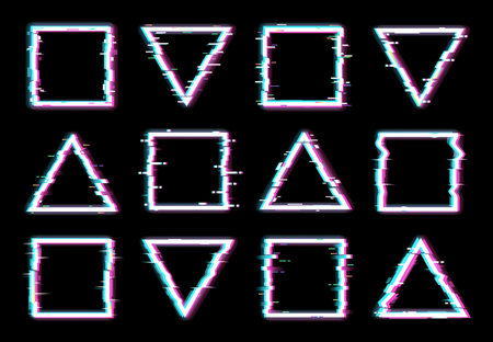 Glitch frames vector distorted neon glowing pixelized borders of triangle and square shapes isolated...