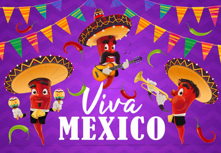 Mexican chilli pepper musician vector characters of Viva Mexico holiday. Cartoon red chili mariachi with Mexican sombrero hats, maracas, guitar and trumpet, jalapenos and festive bunting flag garlandsのイラスト素材