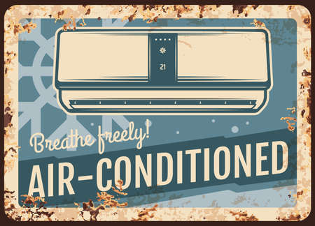 Air conditioner metal plate rusty, conditioned room vector retro poster or sign. Home and office cooling ventilation and split systems, air conditioner and snowflakes on metal plate with rustのイラスト素材
