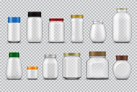 Glass jars with lids realistic mockup, vector food packages. Empty clear bottle containers and transparent pots with metal and plastic screw caps of food canning and storage design 3d template setのイラスト素材