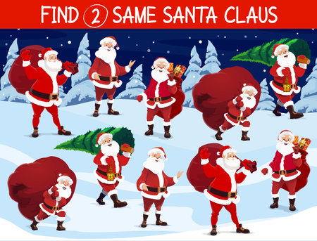 Find same Santa game, Christmas holidays activity for kids. Happy Santa Claus character carrying big sack with holiday gifts, cutting Christmas tree and walking with in snowy forest cartoon vectorのイラスト素材