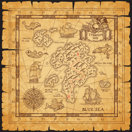 Pirate treasure map of skull island vector sketch. Old scroll map of islands and sea with vintage nautical compass rose, pirate ship and sail boat, helm, flag and treasure chest, mountains and crossのイラスト素材