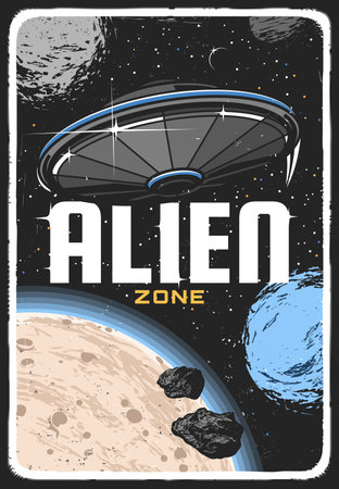 Alien ufo on planet orbit in space retro vector poster. Extraterrestrial saucer in starry sky explore human life in galaxy, comer from outer space grunge vintage card with cosmos, stars and planetsのイラスト素材
