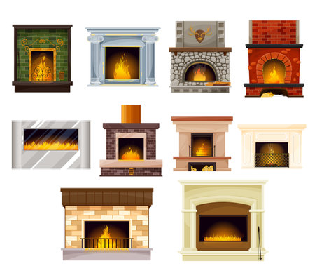 Home fireplaces with fire cartoon vector set of interior design. Wood burning, electric, gas and coal powered stoves with brick, stone, steel and glass chimneys, grates and mantelpieces, rakes and logのイラスト素材