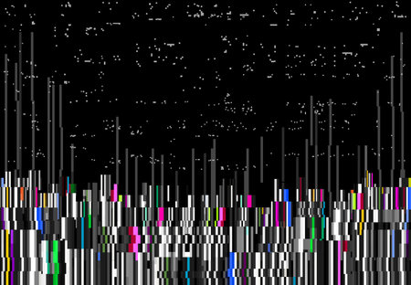Glitch color lines, vector distorted abstract background. Glitched rainbow colored vertical stripes and random pixels on black screen. Television distortion with glitch effect, no signal TV frameのイラスト素材