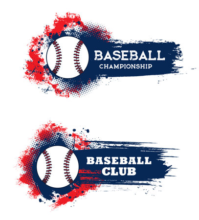 Basketball club and sport championship cup ball and league team vector banners. Baseball game and fan club emblem on blue and red halftone paint splash background, t-shirt emblemのイラスト素材
