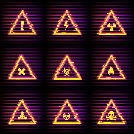 Hazard warning vector signs with digital glitch and pixel noise effect. Danger caution or safety attention yellow triangles with high voltage, flammable, toxic, biohazard, radioactive, chemical hazardのイラスト素材