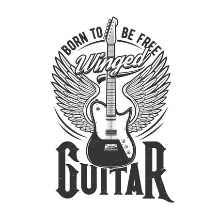 Tshirt print with winged electric guitar, vector emblem for music band apparel design. T shirt monochrome print with typography born to be free, isolated black grunge label with amp and angel wingsのイラスト素材