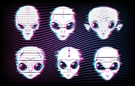 Alien faces or heads with digital glitch effects vector set of UFO and space design. Martian alien emojis of extraterrestrial monsters with big eyes and ears, neon emoticons of alien spaceのイラスト素材