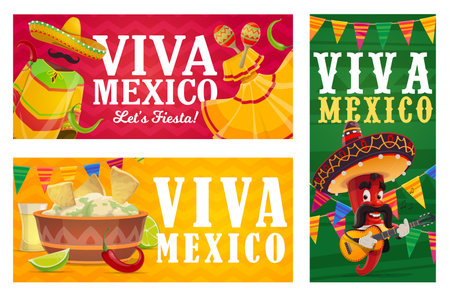 Viva Mexico vector banners with Mexican fiesta party food, chilli pepper character and sombreros. Avocado guacamole, nachos, tequila and lime, mariachi hats, maracas, guitar and festive flag garlandのイラスト素材
