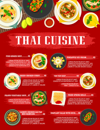 Thai cuisine vector cashew chicken gai pad med mamuang, fried spring rolls and, fish ginger or prawn vegetable soup with pineapple ice cream. Tom yum soup, eggplant salad with duck Thailand food mealsのイラスト素材