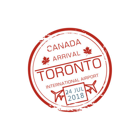 Toronto international airport visa stamp isolated grunge round ink seal. Vector Canada border control symbol, airplane and date on stamp at passport. Immigration sign, air post label with maple leafのイラスト素材