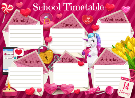 Valentines day school timetable, kids lessons schedule with hearts. Children week planner, romantic schedule with unicorn, tulips bouquet and key from heart lock, wedding ring and candy cartoon vectorのイラスト素材