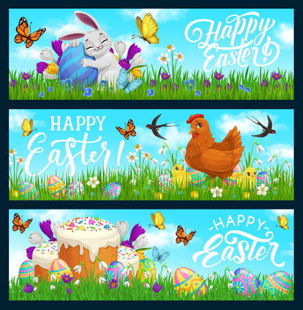 Happy Easter vector bunny, hen with chicks, decorated eggs and cakes on field with flowers and butterflies under blue cloudy sky. Happy Easter holiday greeting cards with cute animals, cartoon bannersのイラスト素材