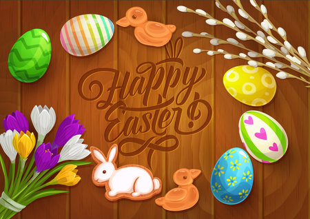 Easter vector poster with painted eggs, crocus flowers, willow bunch, bunny and duck gingerbread or cookies on wooden table surface with lettering. Cartoon greeting card, Happy Easter holiday postcardのイラスト素材