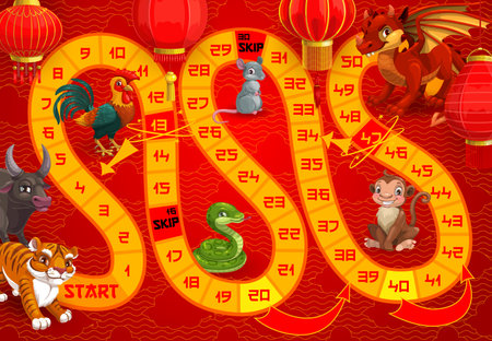 New Year holiday boardgame for kids with Chinese calendar animals. Child roll and move board game template with zodiac cycle cock, rat and dragon, ox, tiger and snake, monkey cartoon characters vectorのイラスト素材