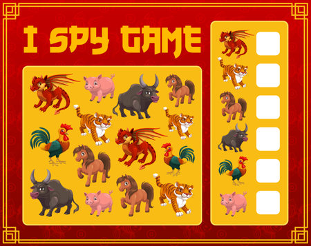 Children I spy game with chinese calendar animals. Children counting game, educational activity and child math exercise or riddle. Dragon, pig and ox, horse, tiger and cock cartoon characters vectorのイラスト素材