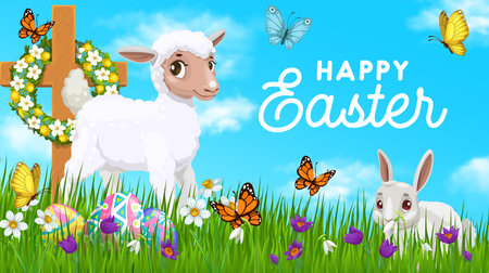 Happy Easter holiday vector poster with white rabbit and sheep. Greeting card with cute cartoon bunny and lamb, christian cross and eggs on green meadow with grass blades and flowers, Easter postcardのイラスト素材