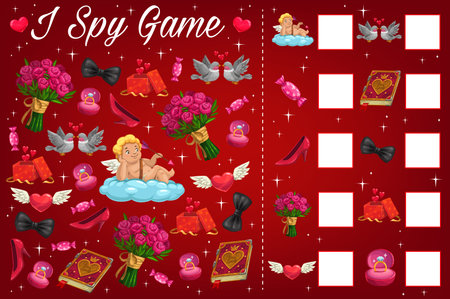 Saint Valentine day children I spy puzzles book page. Child playing activity with calculation task, kids math game. Cupid, flowers and gifts, engagement ring, candy and doves coupe cartoon vectorのイラスト素材