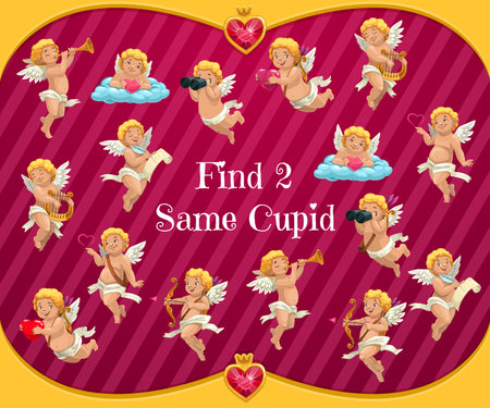 Kids Saint Valentine day puzzle game with cupids. Preschooler playing activity, child riddle with searching and compare task. Cherubs or angels with heart, binoculars and bow vector cartoon charactersのイラスト素材