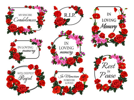 Funerary round and square frames, borders with flowers. Funeral vector card decorations set with roses flowers and buds, red poppy, azaleas and clover blossom. Obituary memorial frames with condolenceのイラスト素材