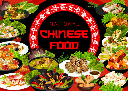 Chinese cuisine vector meals steamed shrimps with jasmine sauce, noodles with shrimp and pork. Cod with ginger, cashew chicken, cantonese steamed perch or mushroom soup. China food asian dishes posterのイラスト素材