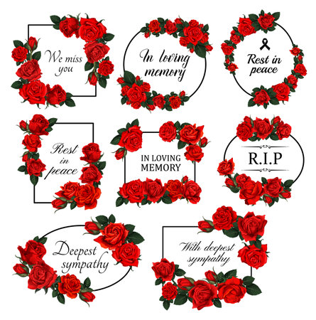 Funereal floral borders with red roses. Mourning card decor with roses flowers, leaves and buds engraved vector. Funerary frame with floral arrangement and RIP, in loving memory condolences letteringのイラスト素材