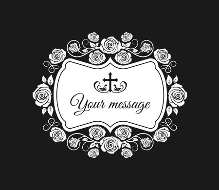 Funeral vector card with rose flowers wreath and cross. Funeral mourning retro frame with floral decoration and place for condolence typography. Vintage card with rose blossoms on black backgroundのイラスト素材