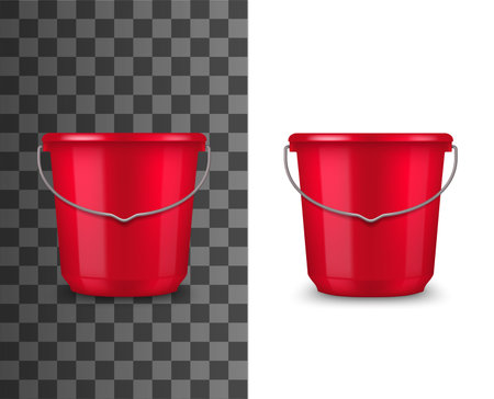 Red plastic bucket realistic mockup. Household or garden bucket with glossy surface and metal wire bail handle 3d vector template. Pail for house cleaning, gardening or water carryingのイラスト素材