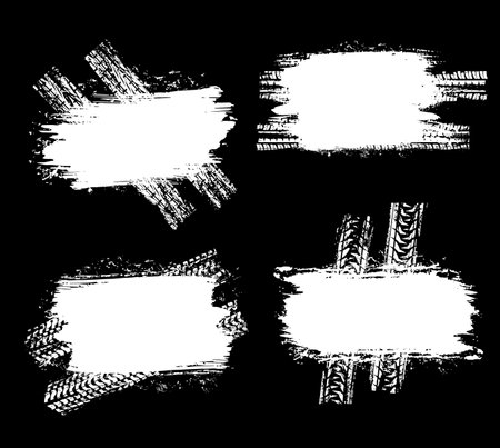 Tire marks of car or truck tire tracks traces, vector grunge wheel prints white on black. Tire marks frames, bike or truck tire skidding tracks, dirt scratch on road mud, car races, motocross bannersのイラスト素材