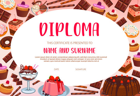 School education diploma vector template with sweets, bakery and confectionery. Cartoon certificate or frame with cakes, ice cream and pudding, chocolate cupcakes and donut graduation or award diplomaのイラスト素材