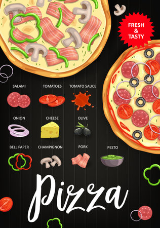 Pizza ingredients vector tomatoes, olive and pork, salami sausage, pesto and tomato sauce. Onion, cheese and champignon with bell pepper. Pizzeria menu, italian fast food pizza recipe, top view mealのイラスト素材