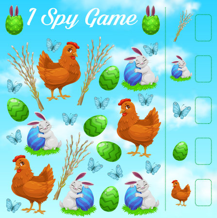 I spy kids game with Easter rabbits, eggs, butterflies and chicken. Vector educational puzzle. Numeracy skills development, cartoon riddle page. Kindergarten worksheet for school, preschool childrenのイラスト素材