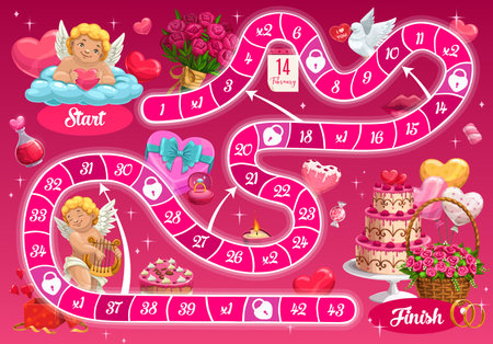 Kids step board game, vector Valentine day boardgame with block path, numbers, start, finish and cartoon Cupid characters and holiday items. Family or preschool educational children riddle templateのイラスト素材