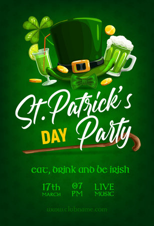 St Patrick day party poster, vector green shamrock clover leaf pattern background. Irish traditional green ale beer pint mug, leprechaun hat and gold coins, Saint Patrick wood stick and party cocktailのイラスト素材