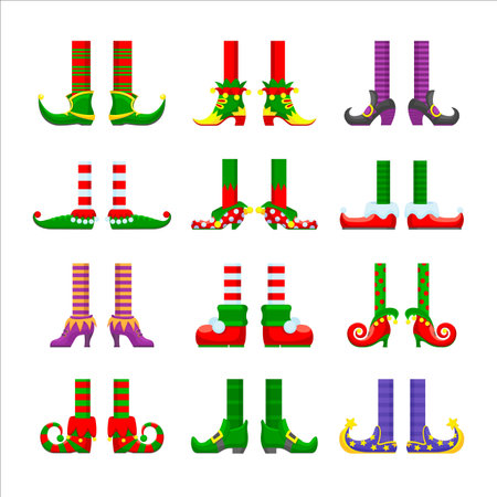 Cartoon elves legs vector icons set, christmas or saint patrick day character elements. Cute funny feet in striped stoking and nosy shoes. Santa helper or leprechaun legs isolated on white backgroundのイラスト素材